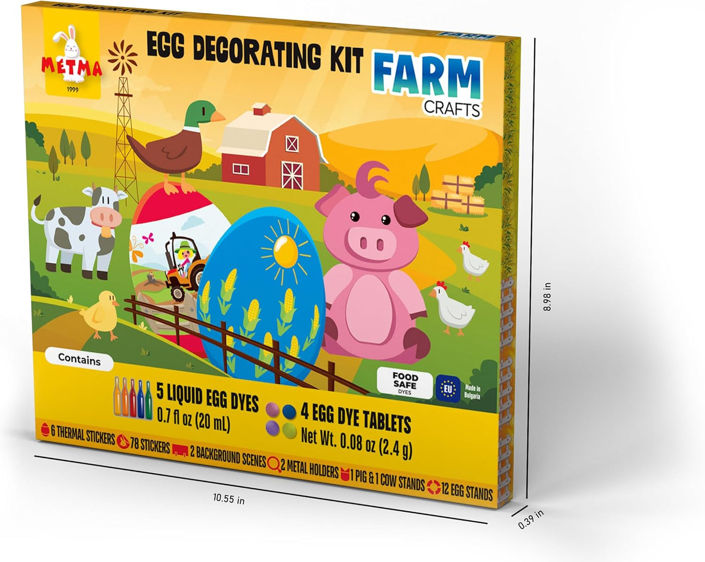 METMA 1999 Egg Decorating Kit Farm Crafts - Complete Decorative Eggs Set with Liquid Dyes, Tablets, Stickers, Egg Spinner and More - Fun Easter Egg Dye Kit Arts and Crafts for Kids (Farm Crafts)