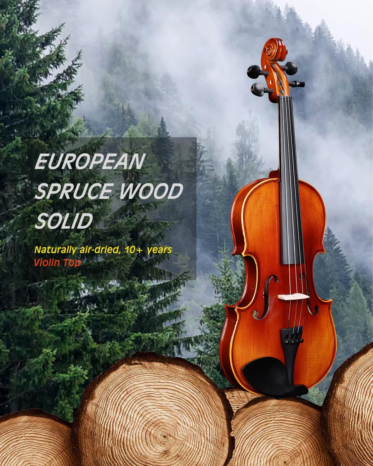 Aileen Solid Wood Violin 4/4 Full Size for Adults and Kids Age 12+, Fiddle Set for Beginners Student, Professional Violin Starter Kit with 12 Accessories (Selected European Solid Spruce and Maple)