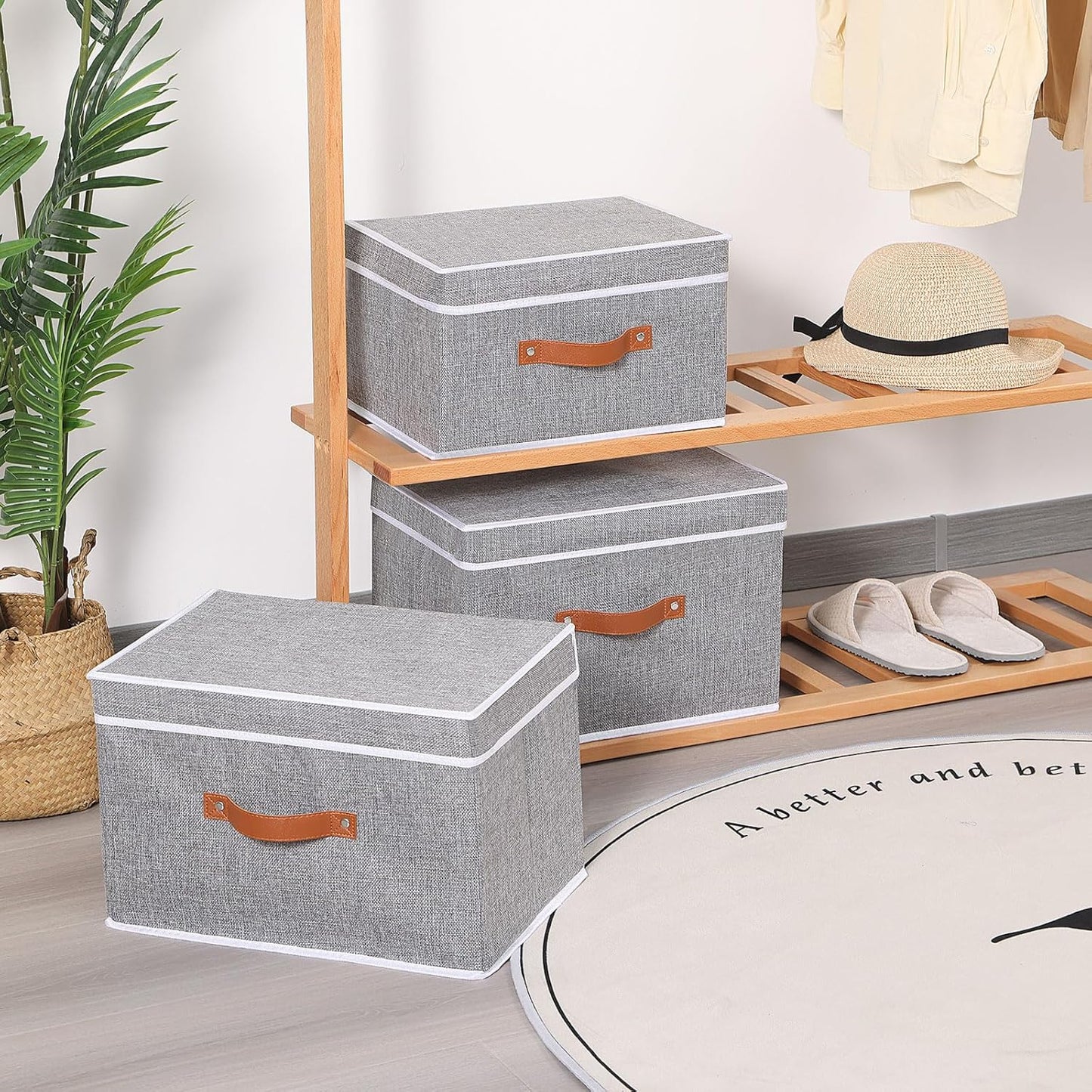 Collapsible Storage Bins with Lids, 3 Pack Linen Foldable Cloth Baskets, 15 x 9.8 x 9.8 Inch Closet Organizer Containers with Double Handles, Sweater Boxes for Bedroom, Grey