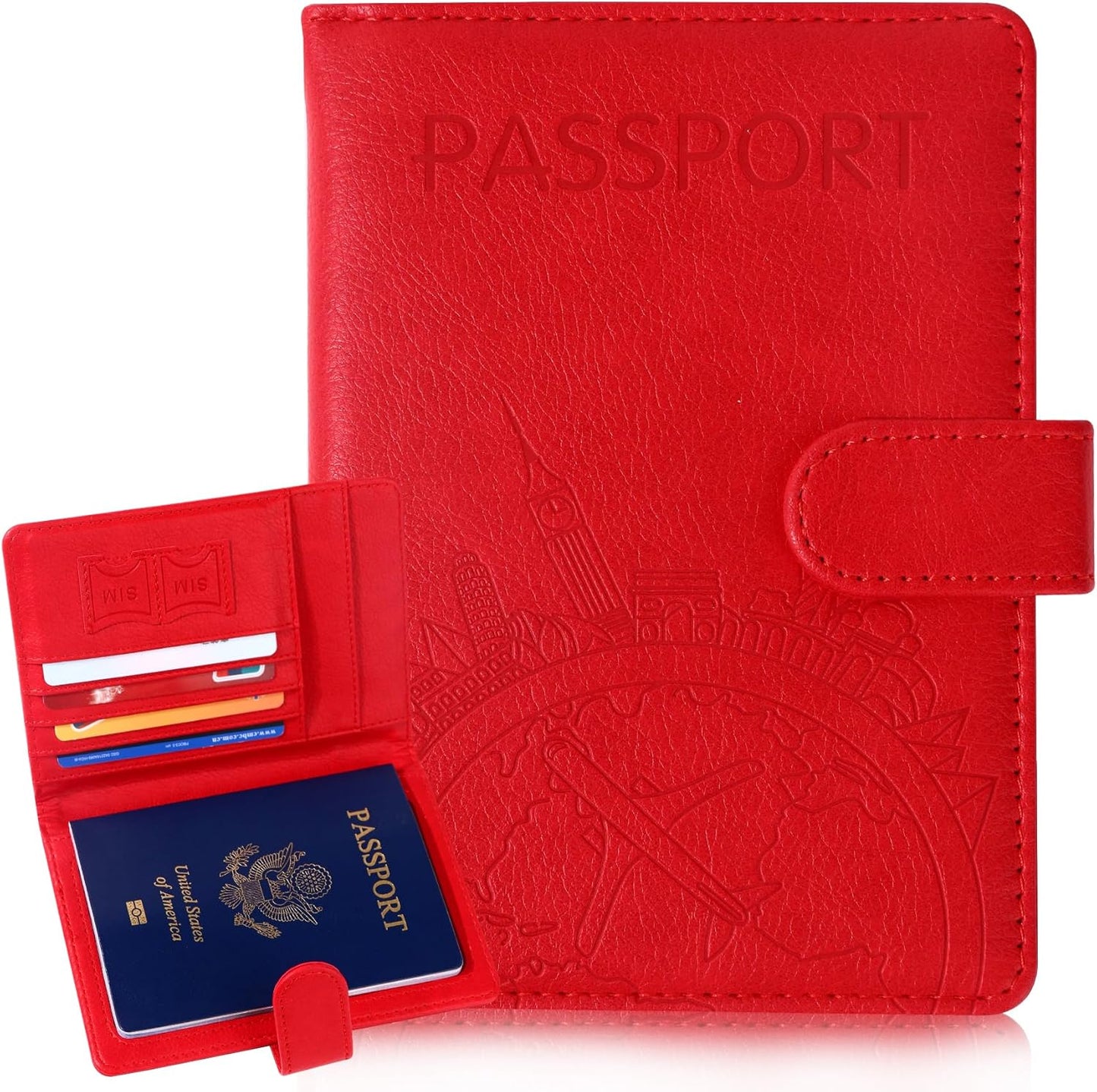 Passport Holder and Card Slot Combo RFID Blocking Leather Family Travel Passport Wallet Travel Accessories for Men Women US Passport Cover Protector (Travel red)