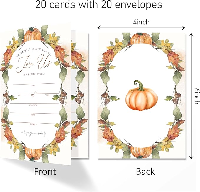 Join Us In Celebrating - Fall Invitation Cards with Envelopes Pack of 20 (4"x6") - Pumpkin Leaf Autumn Themed Invitations for Baby Shower, Wedding, Bridal Shower, Baptism, etc.(152)