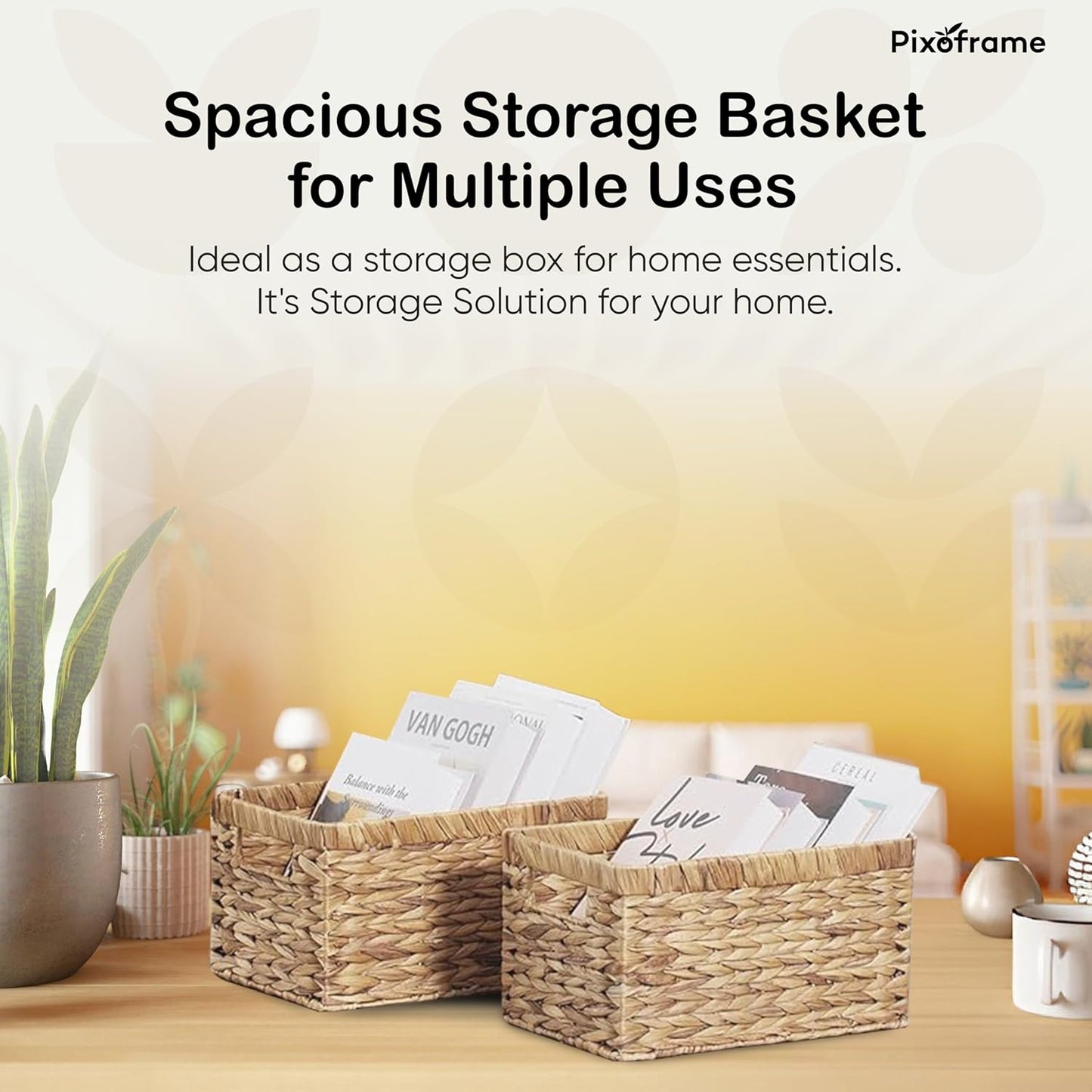 Large Rectangular Handwoven Wicker Basket - Natural Water Hyacinth Storage Baskets with 2 Built-in Handles - Ideal for Towel, Blankets, and Home Organizer & Decor - 16.5"x13"x7.50" - Brown