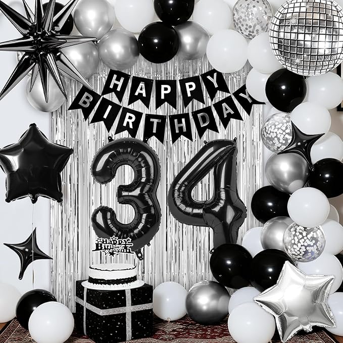 34th Birthday Decorations for Men Women, Black Silver Happy Birthday Party Decorations， 34 Year Old Party Supplies with Number 34 Balloons, Banner, Fringe Curtains Kit