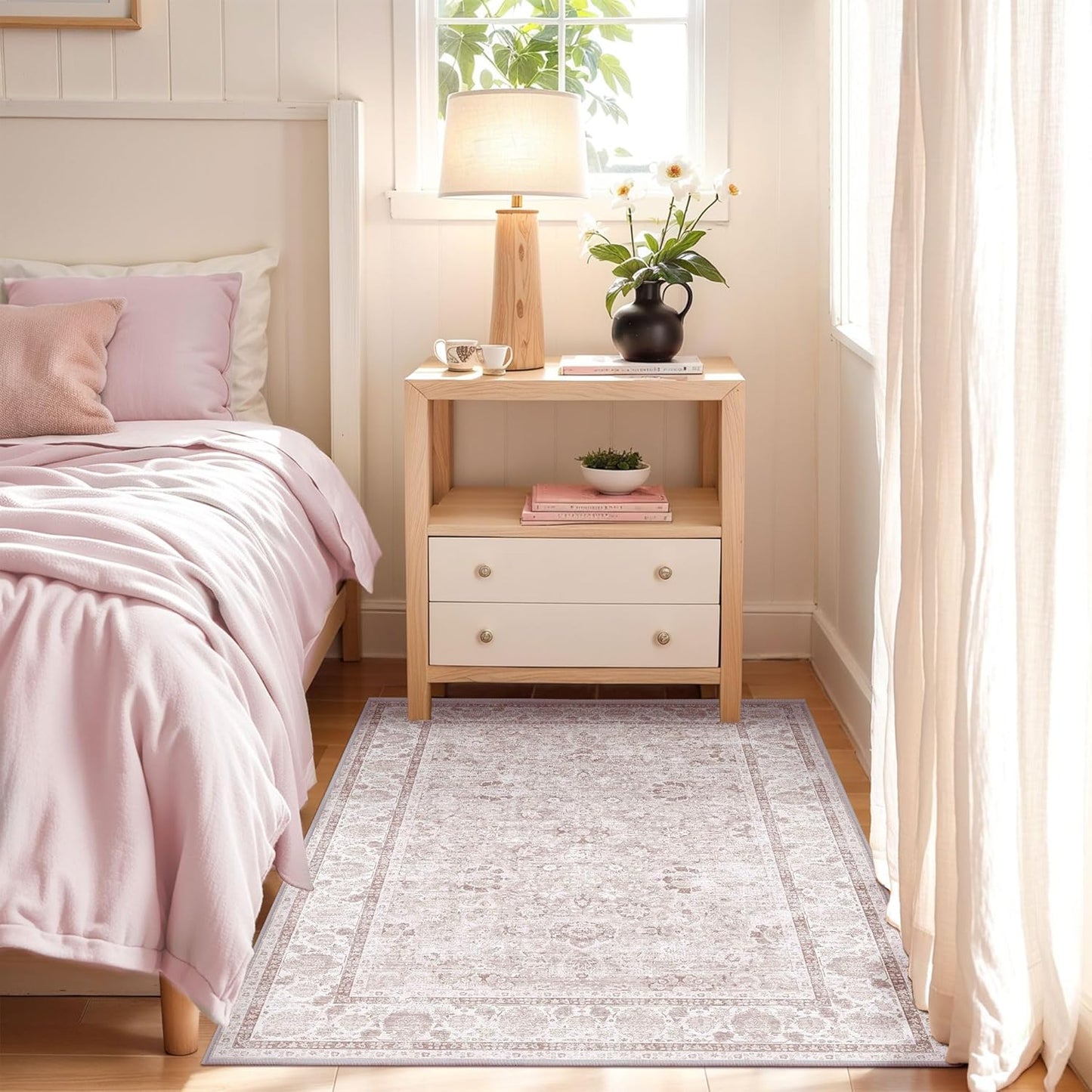 Light Pink Area Rugs 3x5 Nursery Rug for Baby Girl Neutral Floral Area Rug for Living Room, Vintage Boho Washable Rug Indoor Carpet for Bedroom Dining Room