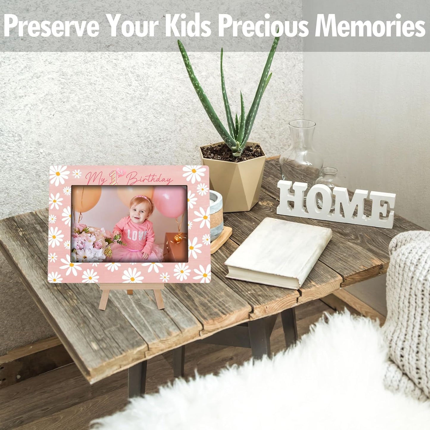 My 1st Birthday Picture Frames, Daisy Wooden 4x6 Photo Frame with Easel, Baby First Year Birthday Gifts for Home Office Tabletop Display Decorations - G01