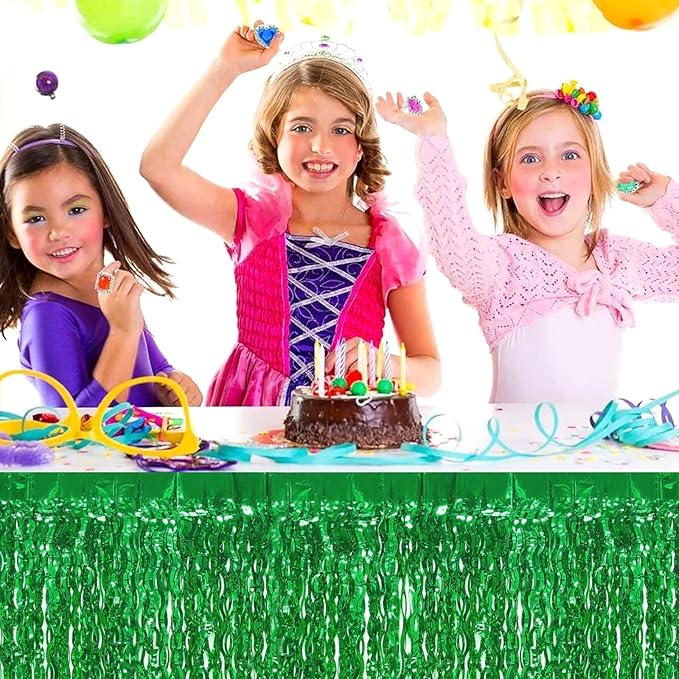 4P Wavy Metallic Tinsel Foil Fringe Table Skirts for Rectangle Tables Backdrop Garland Curtains for Parade Floats Wedding Birthday Parties Decoration Graduation 2025 Christmas (Green)