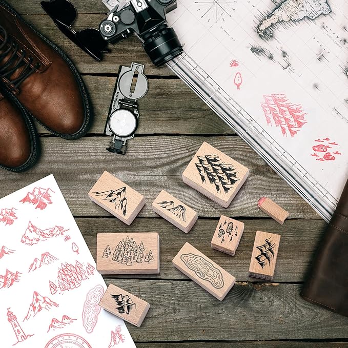 Marspark 24 Pcs Compass Mountains Stamp Combo Map Making Rubber Stamp Kit Compass Outdoor Scenery Stamps for RPG Adventures, Storytelling, and Creative Projects