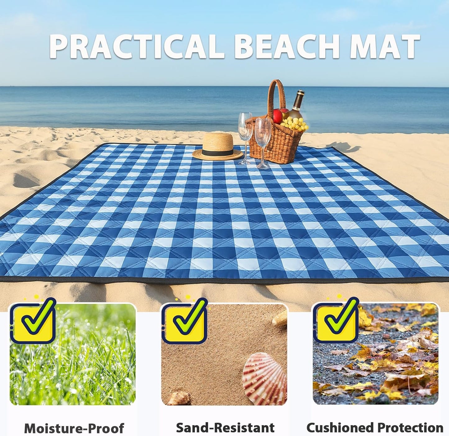 TigeJoy Extra Large Picnic Blanket Waterproof Foldable 80''x118'', Outdoor Picnic Mat Beach Blanket Sandproof for Park, Grass, Travel, Hiking, Camping Essentials, Gingham Picnic Blanket
