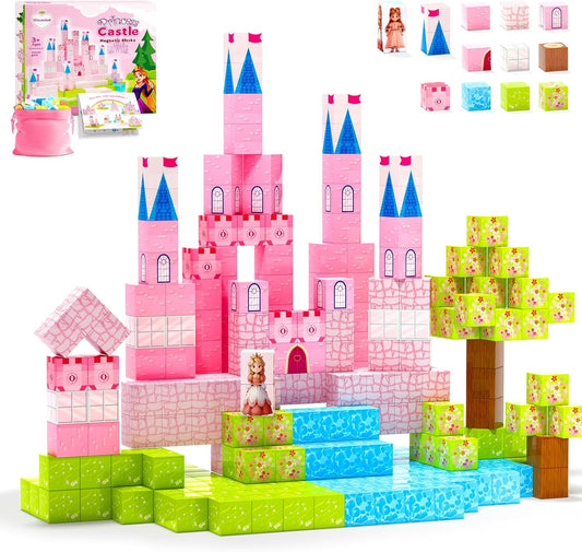 64 Pcs Magnetic Blocks-Princess Castle Collection World,Magnetic Building Blocks for 3+ Year Old Boys & Girls, Creative STEM Sensory Toys,Christmas Birthday Gifts for Kids Ages 3-8