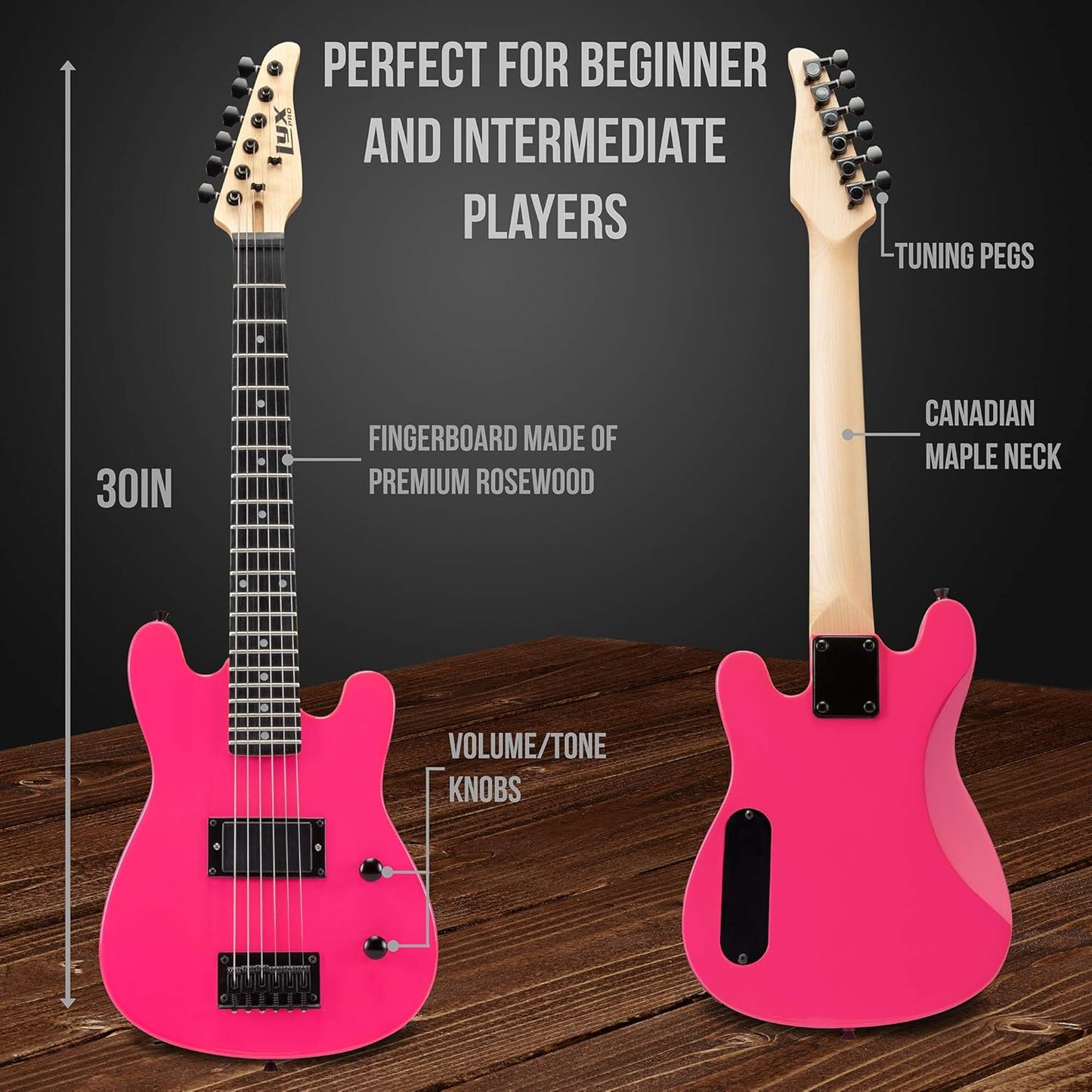 LyxPro 30 Inch Electric Guitar and Starter Kit for Kids with 3/4 Size Beginner’s Guitar, Amp, Six Strings, Two Picks, Shoulder Strap, Digital Clip On Tuner, Guitar Cable and Soft Case Gig Bag - Pink