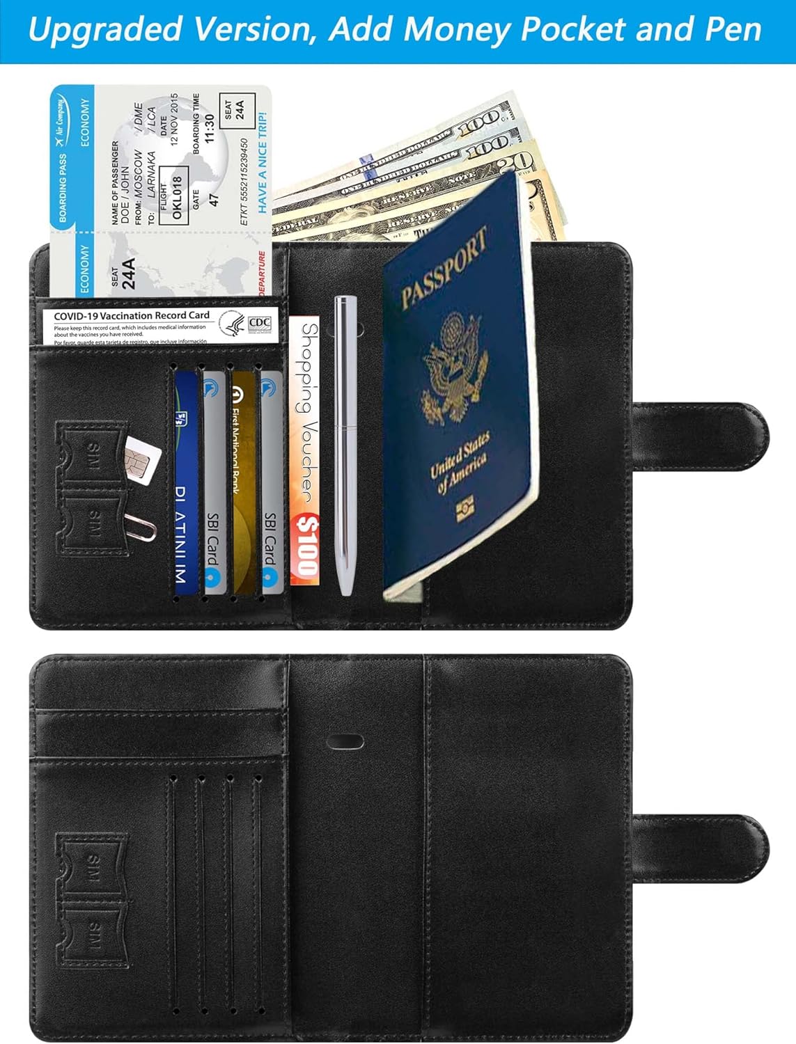 Passport Holder With Luggage Tag Cover Wallet RFID Blocking Leather Case Travel Essentials Accessories Travel Must Have(114#Black)