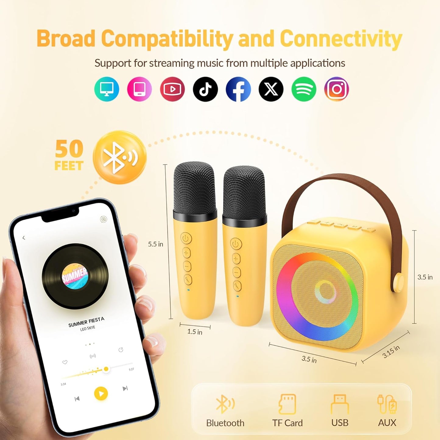 Mini Karaoke Machine for Kids Adults：Portable Bluetooth Karaoke Speaker with 2 Wireless Microphones and Lights for Home Party, Christmas Birthday Gifts for 4-12+ Years Old Girls Boys(Yellow)