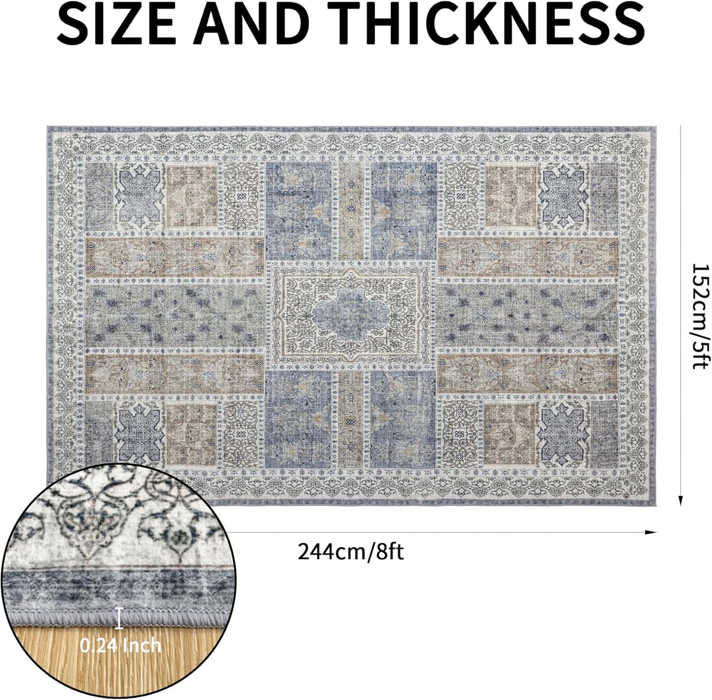 5x8 Area Rug Washable: Oriental Soft Area Rug for Living Room Bedroom No Shedding - Low Pile Thin Carpet Rug for Dining Room Non Slip - Boho Vintage Rug for Home Decor - Blue Grey