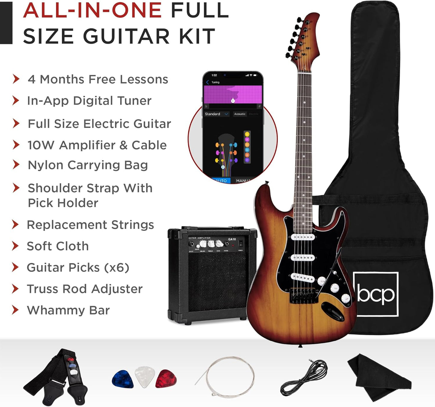 Best Choice Products 39in Full Size Beginner Electric Guitar Starter Kit w/Case, Strap, 10W Amp, Strings, Pick, Tremolo Bar - Bourbon