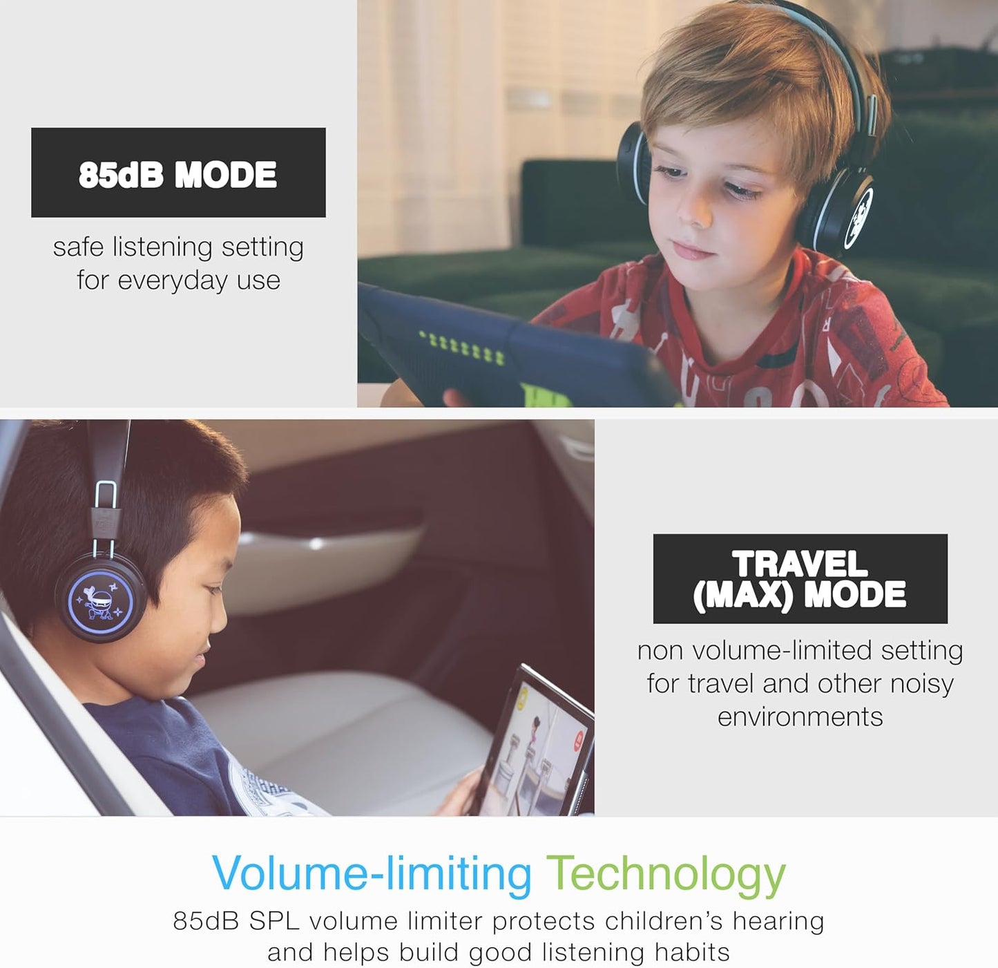 MEE audio KidJamz KJ55BT Personalized Bluetooth Wireless Safe Listening Headphones for Kids w/Custom LED-Backlit Design, Volume Limiter, Microphone; Kids Headset for School/iPhone/iPad/Tablet (Black)