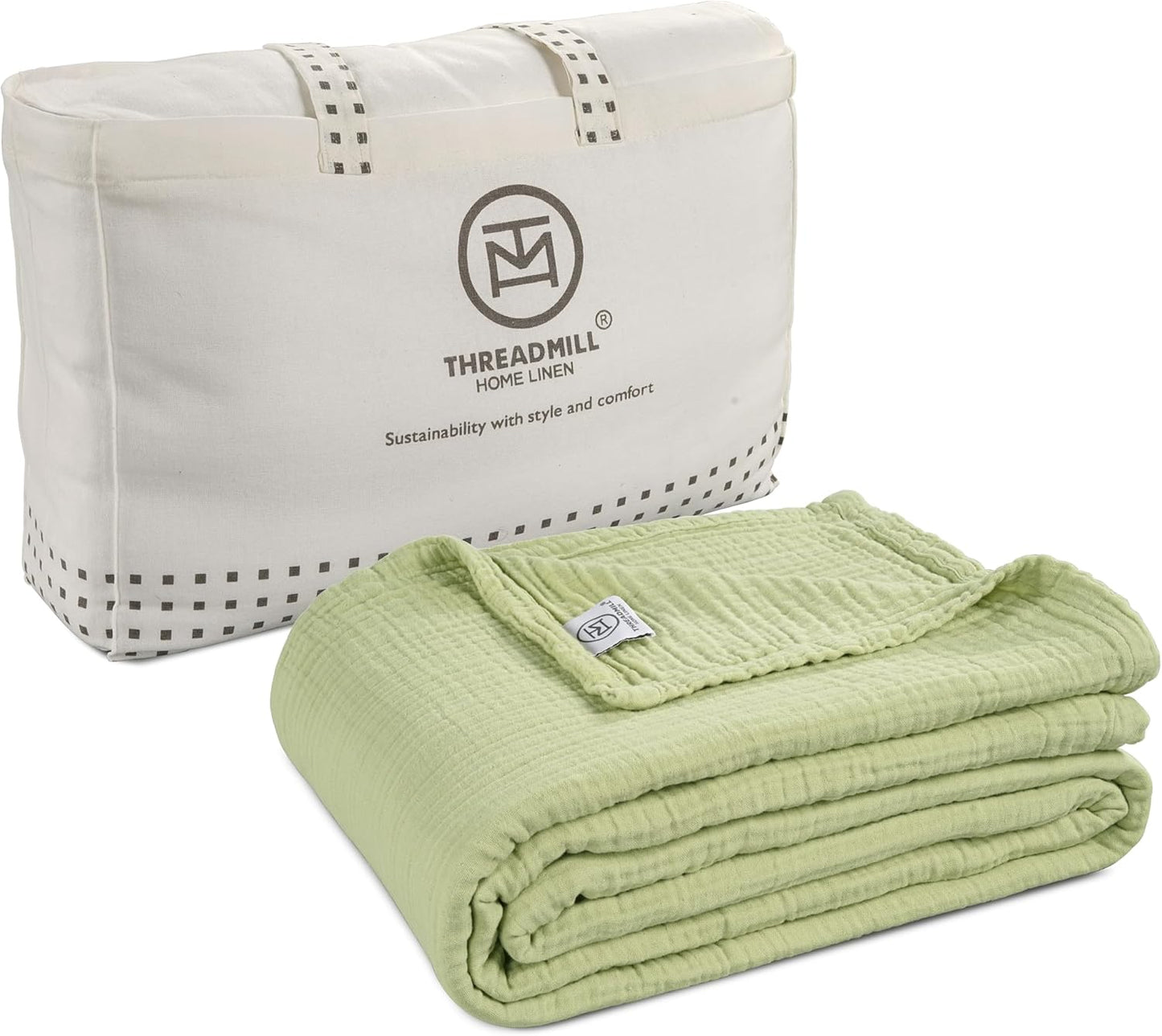 Threadmill King Size Muslin Blanket | 4 Layer Lightweight Gauze for All Seasons | Soft, Breathable, and Cozy Picnic Blankets | Lighweight Summer Blanket Fits Cal King Size Bed | Sage Green