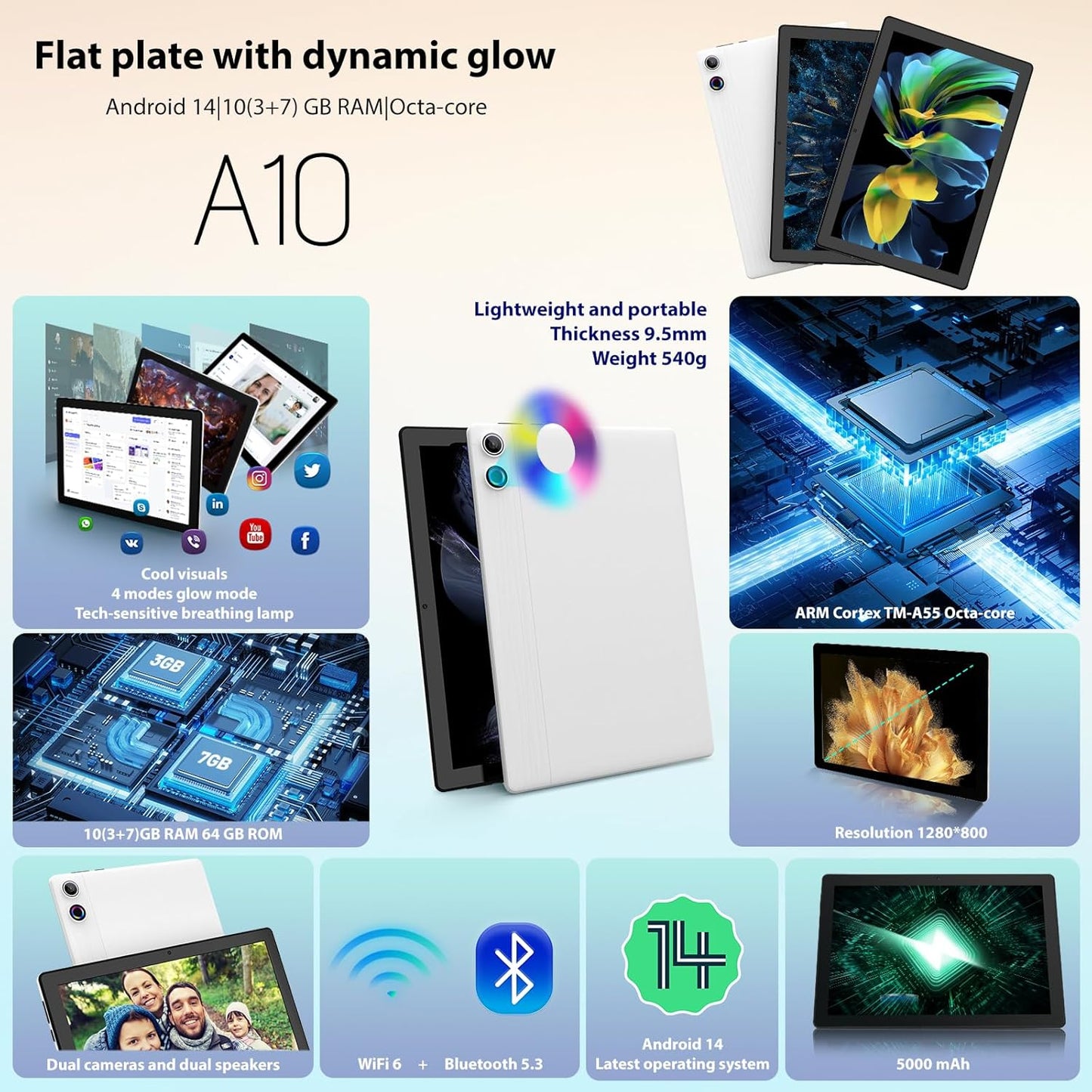 Tablet 10 inch Android 14, Octa-Core, 10GB RAM 64GB ROM 1TB Expandable, Widevine L1, 1280x800 IPS Touchscreen, BT 5.4, Dual Camera with Flash (White)