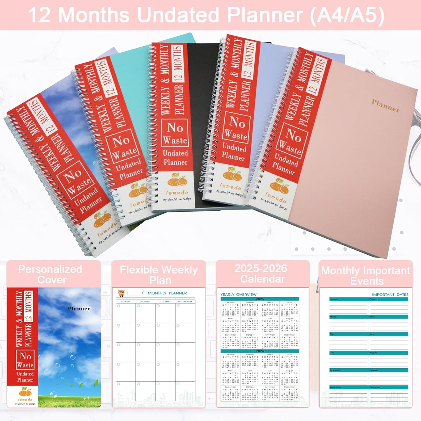 LEMEDE No Waste 12 Months Undated Planner Weekly and Monthly Planner, Weekly To Do List Notepad with Storage Pocket, A5 Undated Planners for Women & Men, Home Office Desk Accessories and Supplies