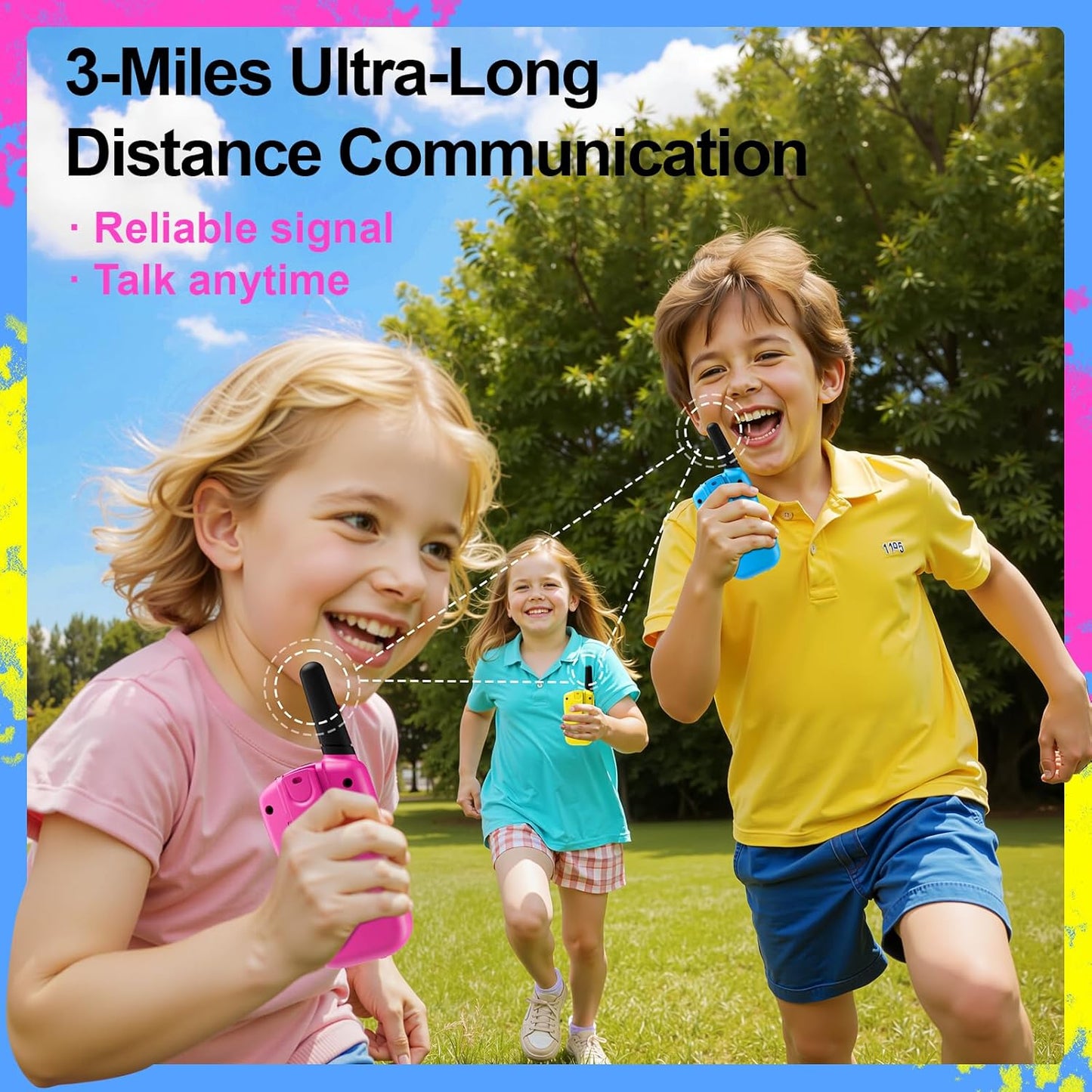 Walkie Talkies for Kids Toys for Boys Girls 4-6, 3 Miles Range Walkie Talkie to Camping, Outdoor 4 Year Old Girl Birthday Gifts for 3 4 5 6 7 Year Old Boy Girl Gifts Age 6-8 (Blue&Pink&Yellow)