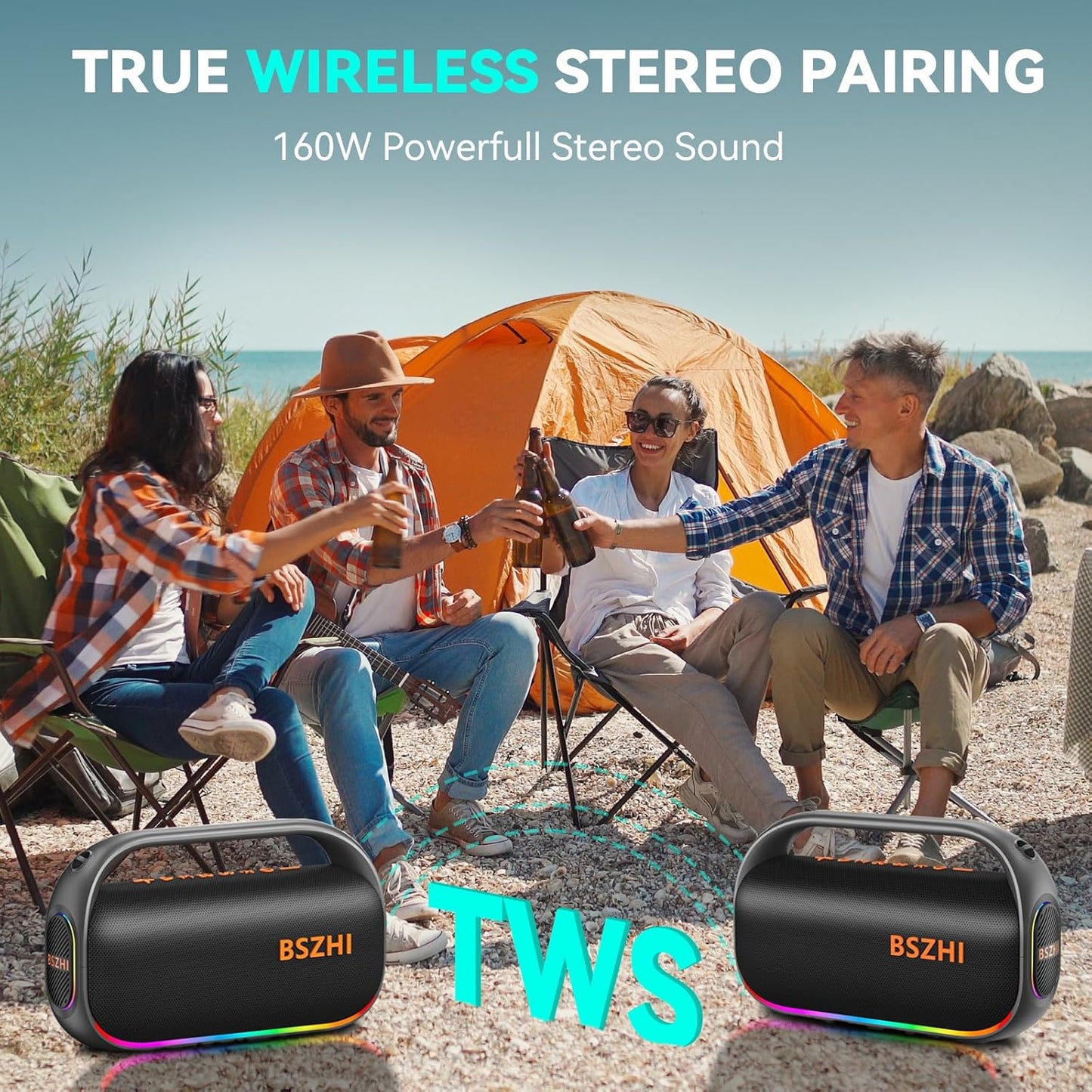 80W(120W Peak) Bluetooth Speaker Loud, Portable IPX6 Waterproof Bluetooth Speakers Wireless TWS for Outdoor, Party, Travel, and Beach Camping with Light, BT5.0, USB/TF Card, AUX