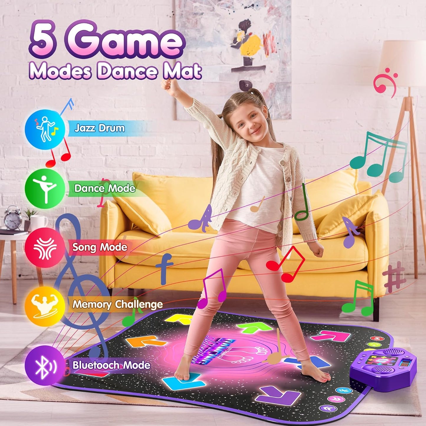 Flooyes Dance Mat Toys for 3-12 Year Old Kids, Electronic Dance Pad with Light-up 8-Button Wireless Bluetooth, Music Dance with 5 Game Modes, Birthday Toys Gifts for 3 4 5 6 7 8 9 10+ Year Old Girls