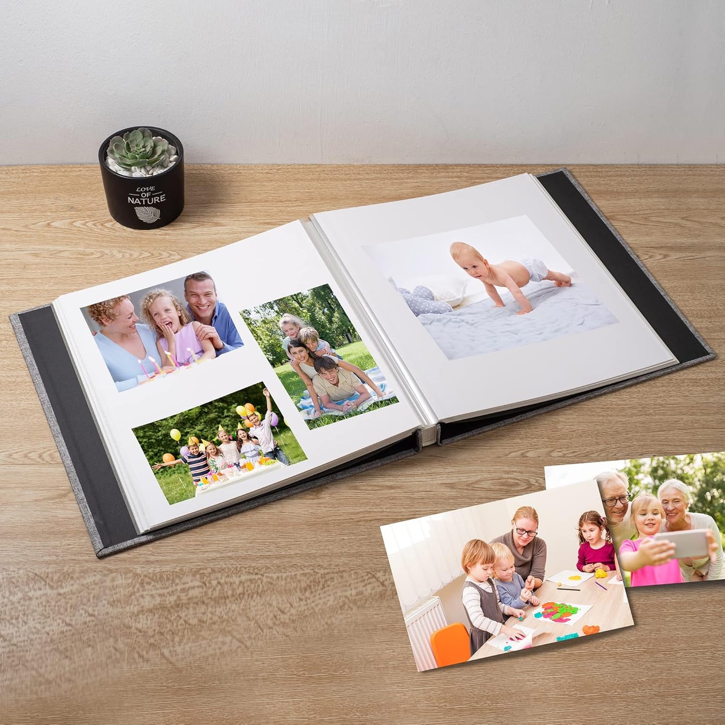 Large Photo Album Self Adhesive Scrapbook Album for 4×6 8×10 Pictures DIY Magnetic Linen Cover Album 60 Pages for Family Wedding Gifts with Metal Pen and Plastic Board