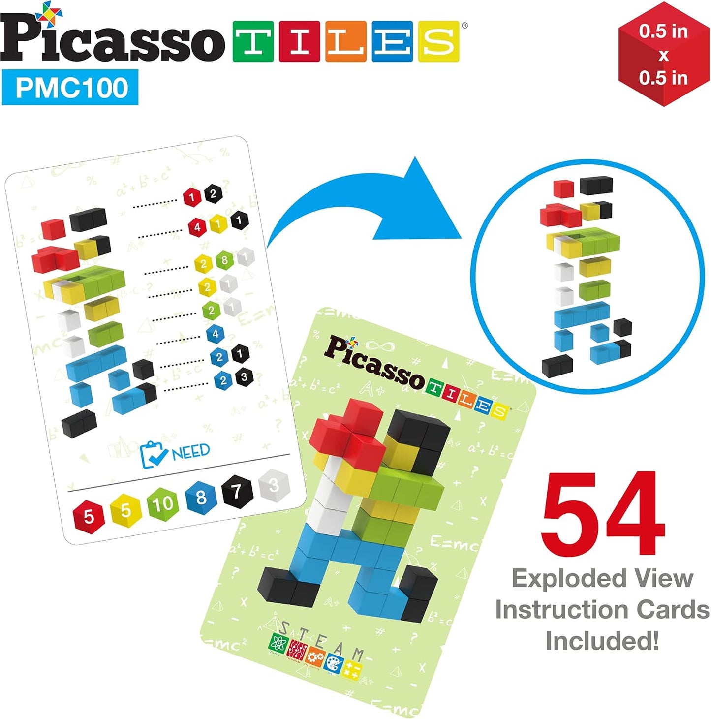 PicassoTiles 100pcs 0.5” Pixel Magnetic Puzzle Cube Mix & Match Cubes Sensory Toys STEAM Education Learning Building Block Magnets Children Construction Toy Set Stacking Magnet Creative Kit PMC100