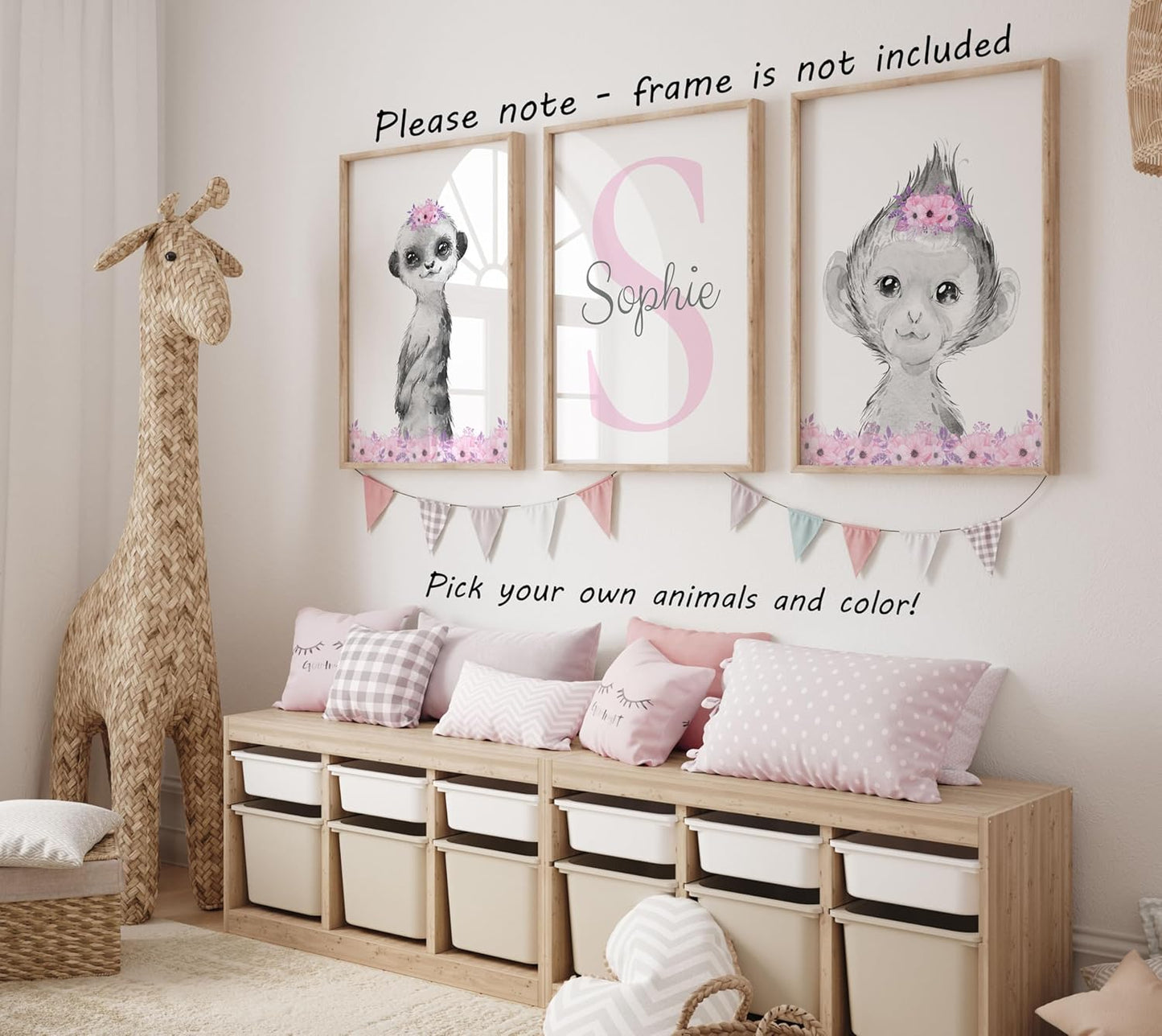 Safari Animals Girls Nursery Bedroom Unframed Set of 3 Poster Prints, Personalized Name Pink or Purple Flowers Wall Art Decor New Baby Gift Present, Elephant Giraffe Panda Zebra Lion (9x12)