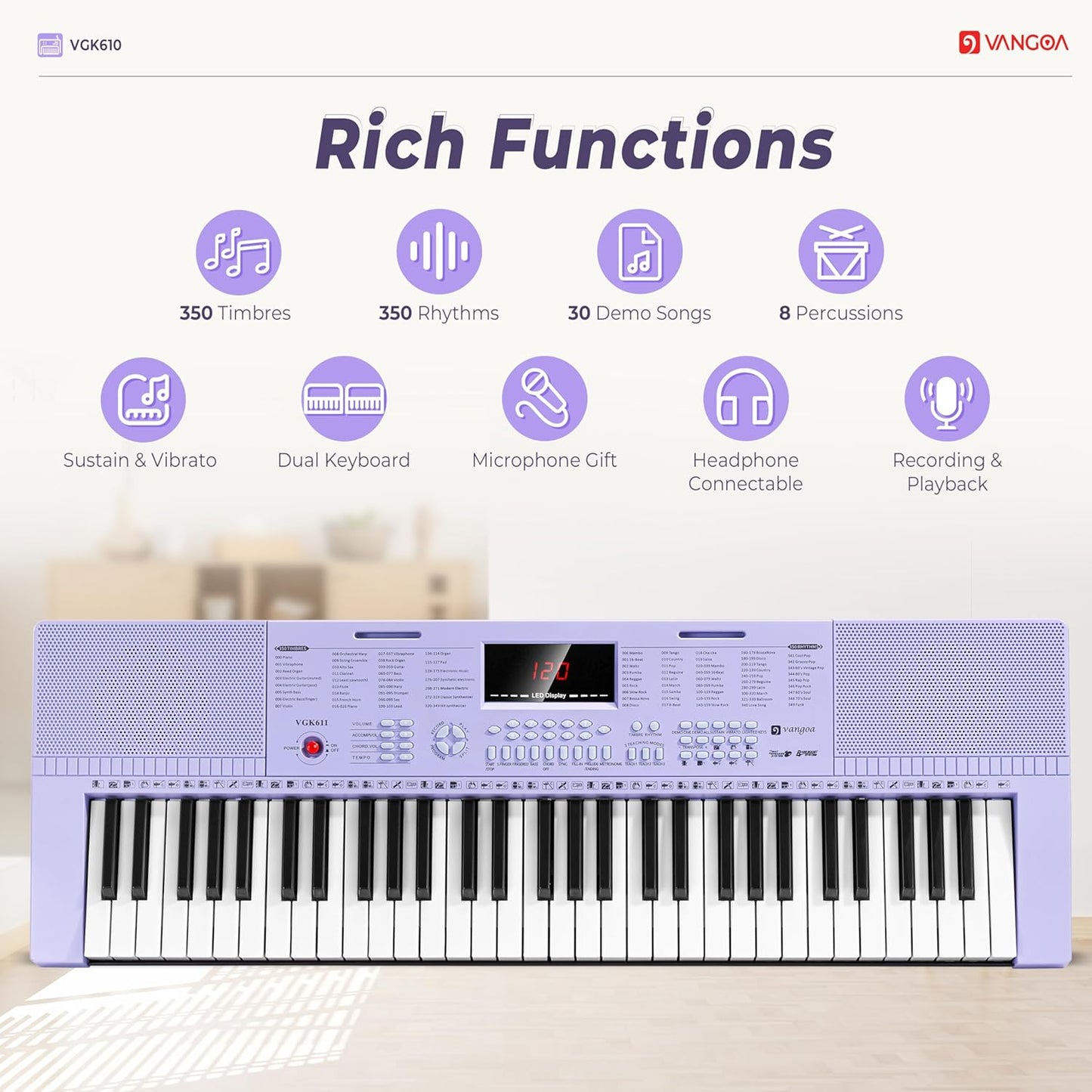 Vangoa VGK611 Piano Keyboard for Beginner, 61 Keys Electric Keyboard Piano Portable Music Keyboard with Mini Lighted Keys, Electronic Piano for Kids Boy Girl, Purple
