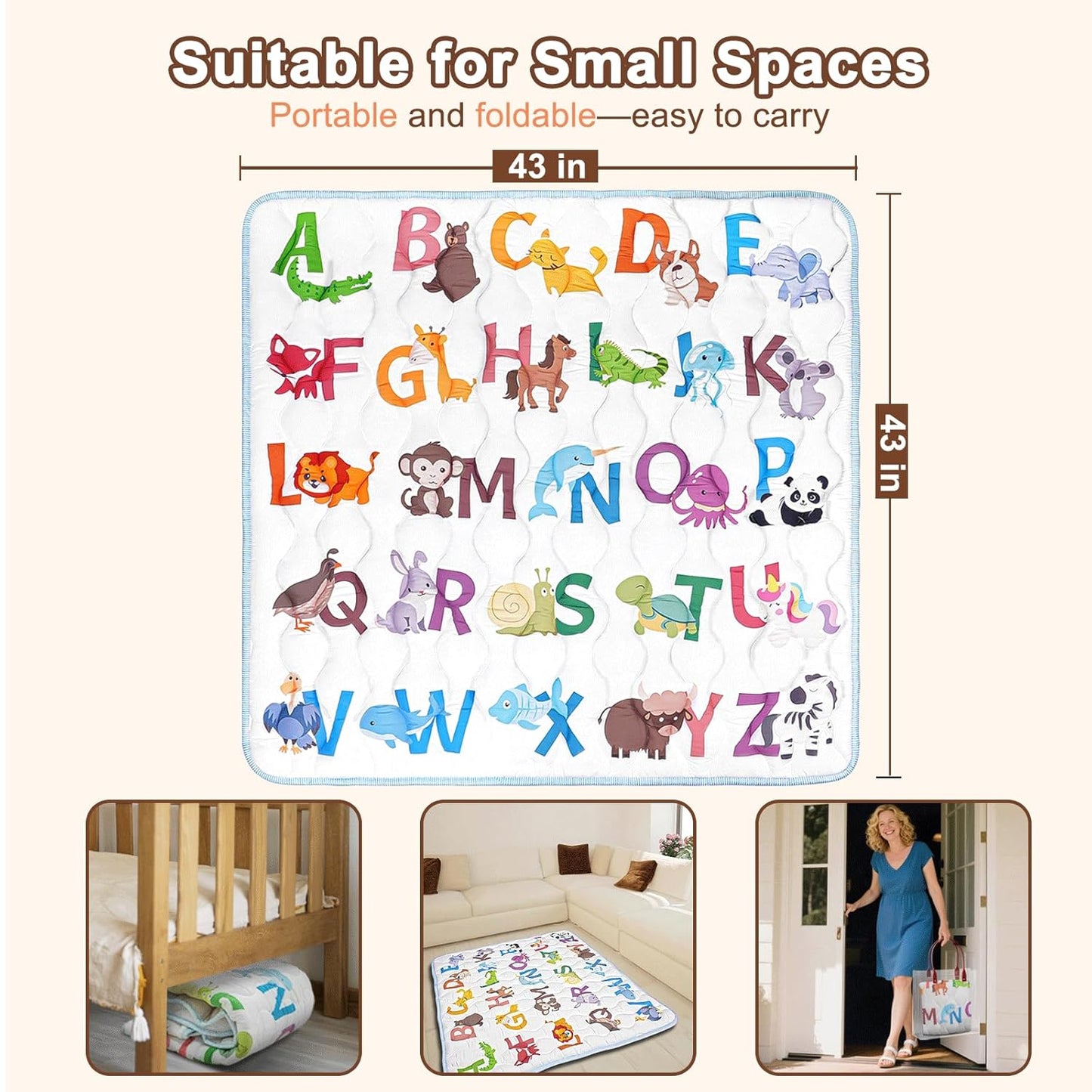 Baby Play Mat, 43x43 Mat with Super Soft Touch, Activity Mat with Upgraded Anti-Slip Bottom, Machine Washable Crawling Mat for Floor & Picnic(Animal Alphabets)