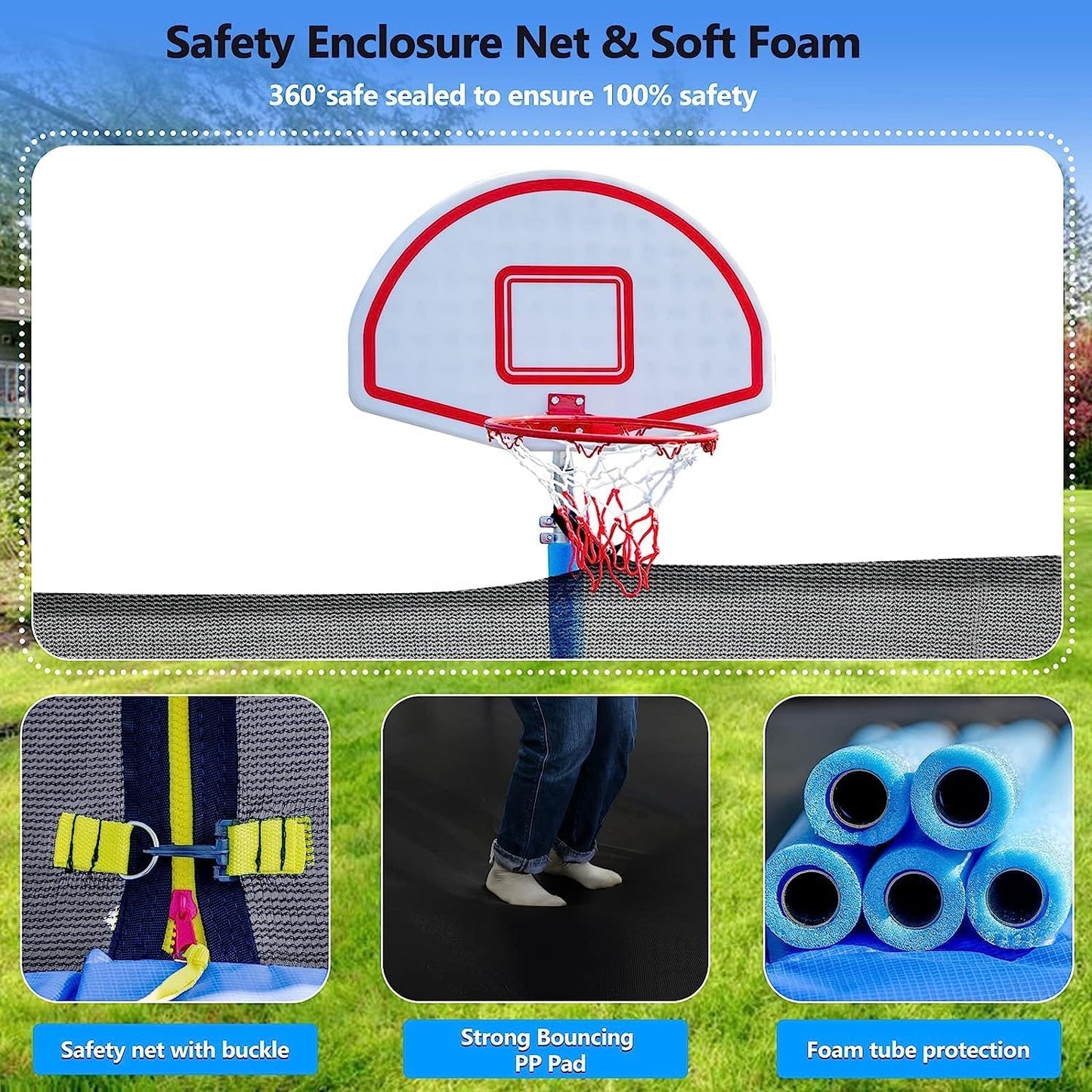 Upgraded 10/12/14/15/16FT Trampoline Outdoor, Large Kids Trampoline with Light, Stakes, Sprinkler, Backyard Trampoline with Basketball Hoop and Net, Capacity for 4-6 Kids and Adults