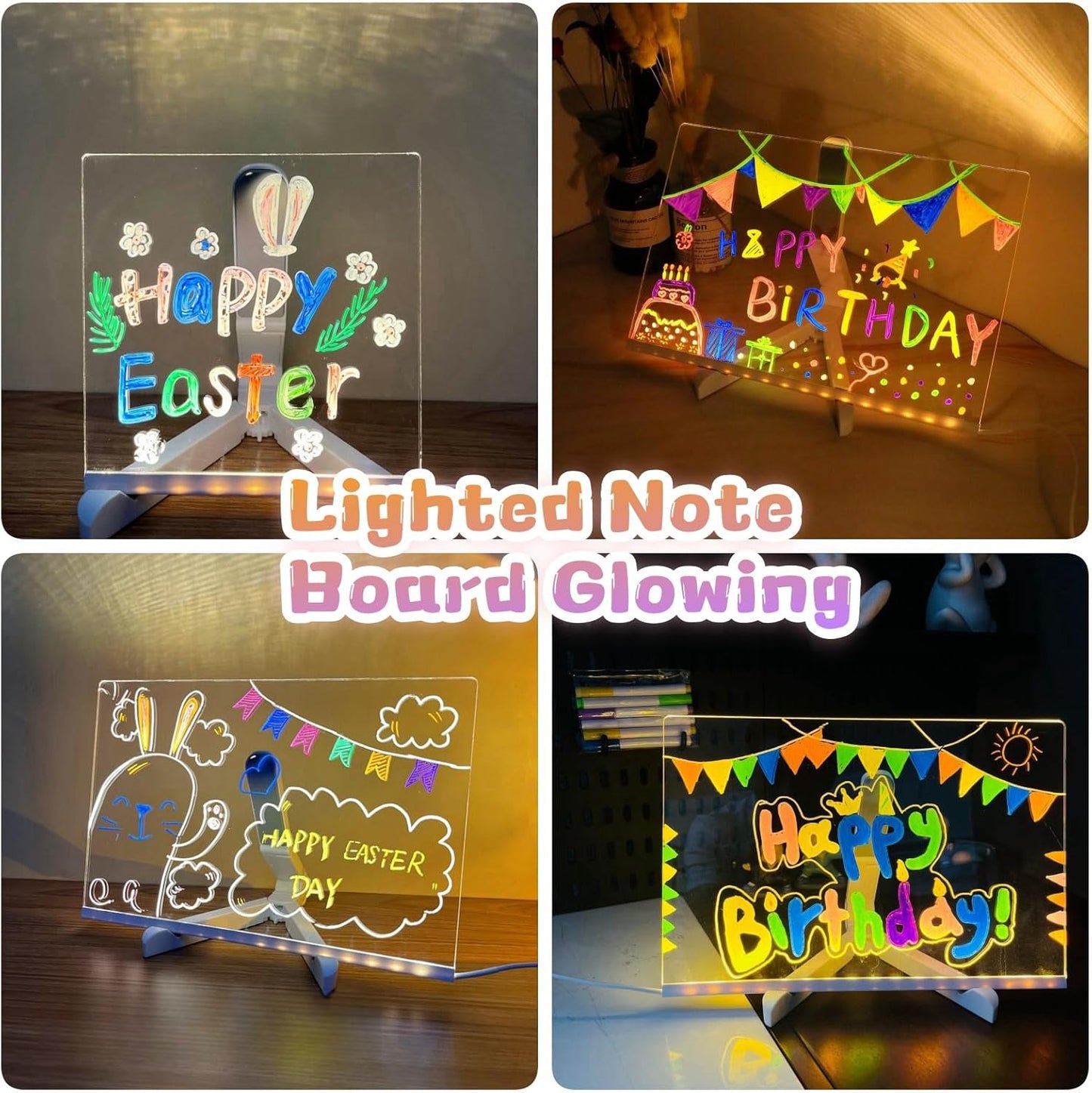 LED Drawing Board, Light Up Erasable Acrylic Message Board with Night Light, Neon Writing Tablet with Adjustable Stand & 12 Color Pens for Kids, Office, and Home Decor (5.9 * 5.9in)