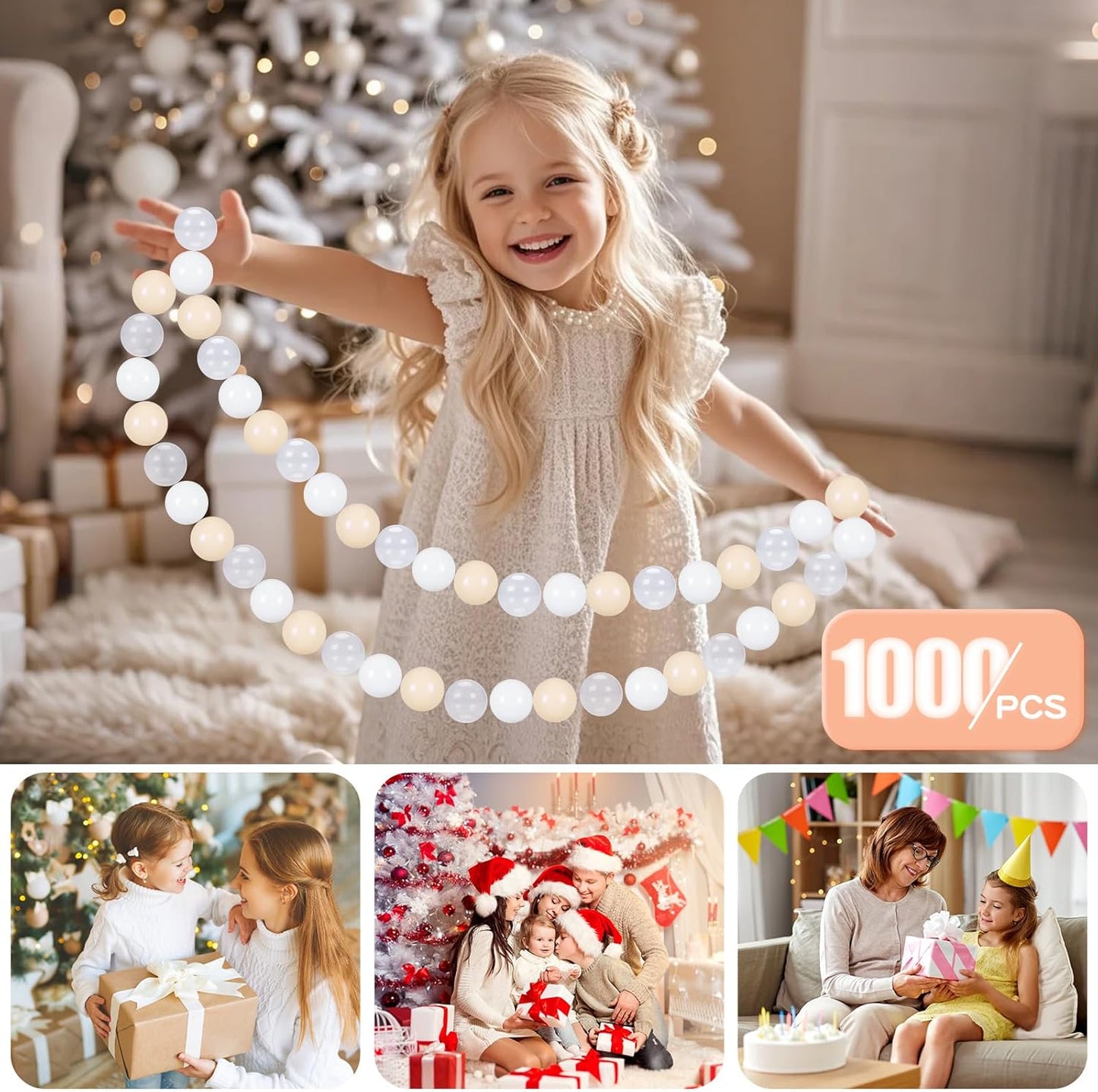 GOGOSO Balls for Ball Pit - Plastic Ball for Toddlers 1-3, Baby Kids Ball Pool Decoration 50 100 200 300 500 1000 (A White+Beige+Clear, 1000 Balls)