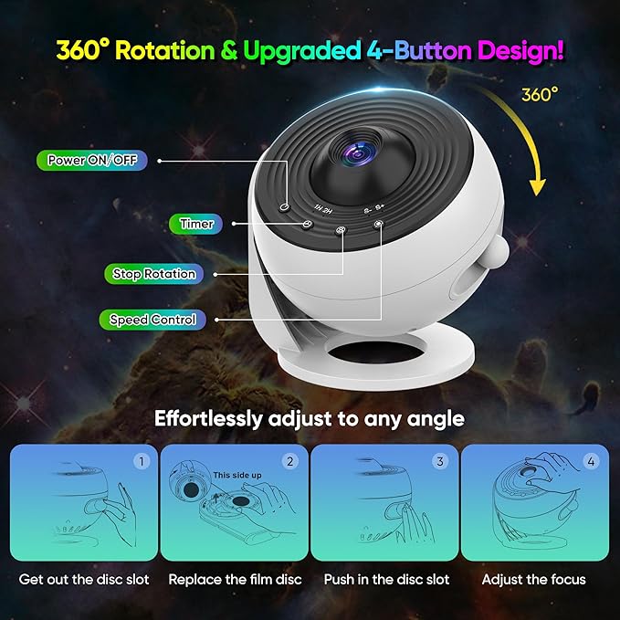 Upgraded Galaxy Projector for Bedroom, 13 in 1 HD Star Projector Light Projector, 360° Rotating Planetarium Projector with Timer and Simple 4 Button Control for Kids, Ceiling, Gifts, Room Decor