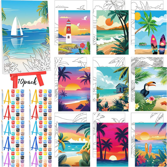 Blosssound 10 Set Pre Printed Canvas Pre Drawn Canvas Painting with Easel Kits 5" x 7" Outline Painting Panels for Beginners, DIY Craft Project, Party Favor, Home Decors(Landscape)