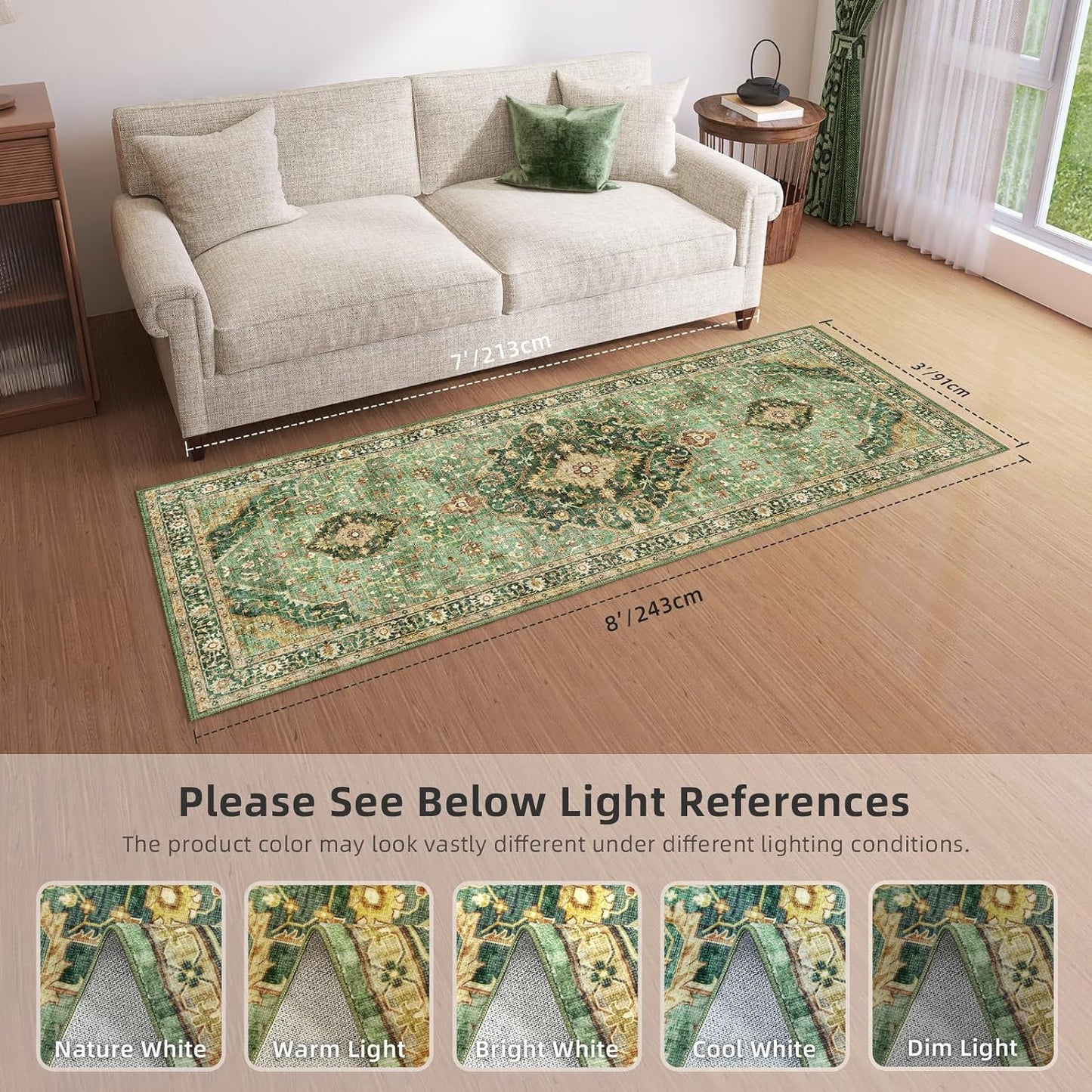 Green Runner Rugs 3x8 Boho Washable Area Rugs for Entryway Bathroom Kitchen, Long Rugs for Hallway Soft Low Pile Non-Slip Rubber Backing Oriental