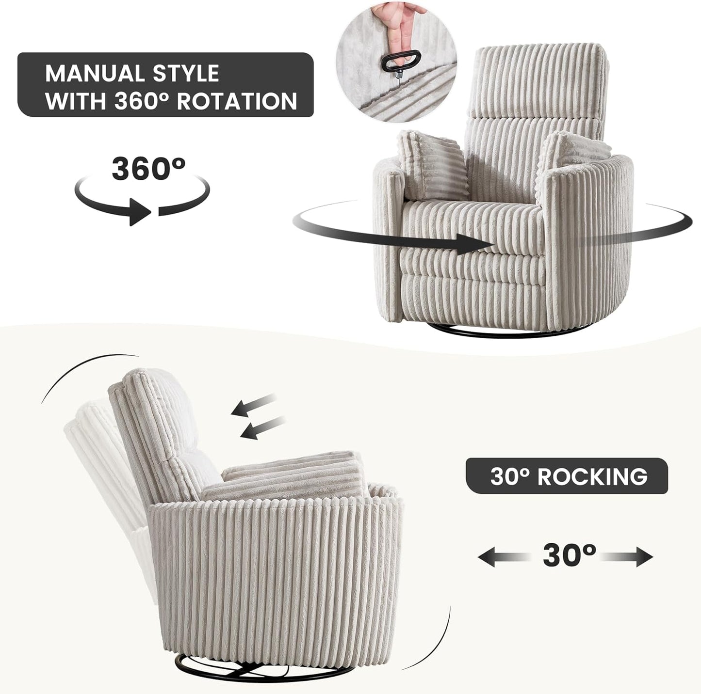 Recliner 360°Swivel Glider Rocking Manual Multifunction with Upholstered Nursery Adult Recliner Rocking Chair with 2 Pillows for Living Room Bedroom(LIGHTGREY Corduroy, Manual Operation)