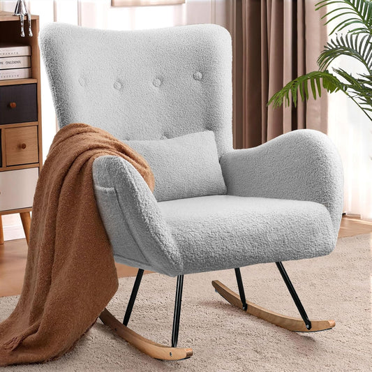 Waleaf Rocking Chair Nursery, Teddy Upholstered Rocking Chair Indoor with High Backrest Glider Accent Chair, Padded Seat Nursing Comfy Chair for Bedroom (Light Gray)