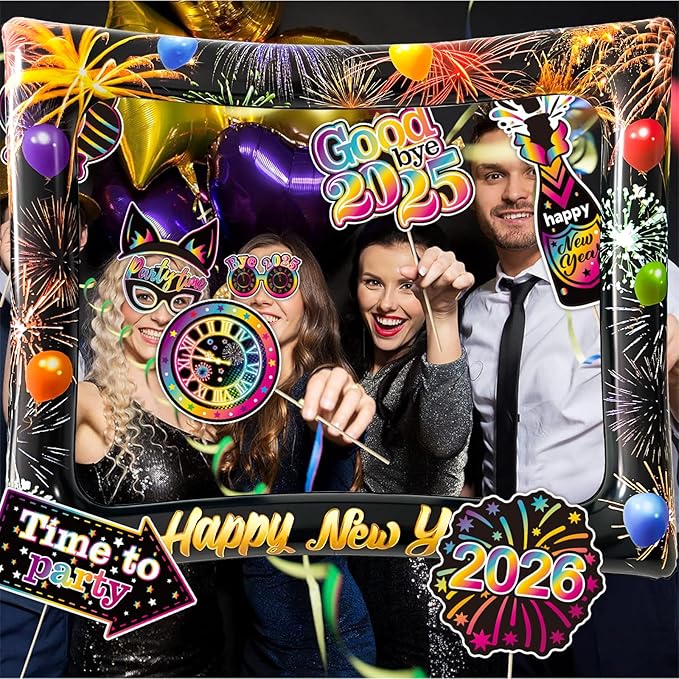 2026 New Year Photo Booth Inflatable Frame Kit, 30Pcs Fluorescent Color New Years Photo Booth Props with Inflatable Picture Frame for New Year Eve Party Selfie Props Supplies