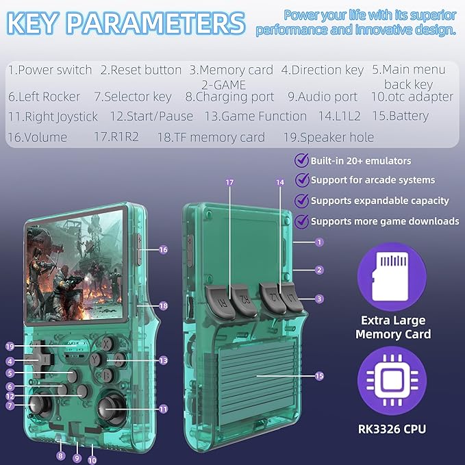 R40S PRO Retro Gaming Console, 30000+ HD Games Handheld Game Console, 3800mAh Rechargeable Mini Retro Video Console with 256GB TF Card, Portable Pocket Arcade (Transparent Green)