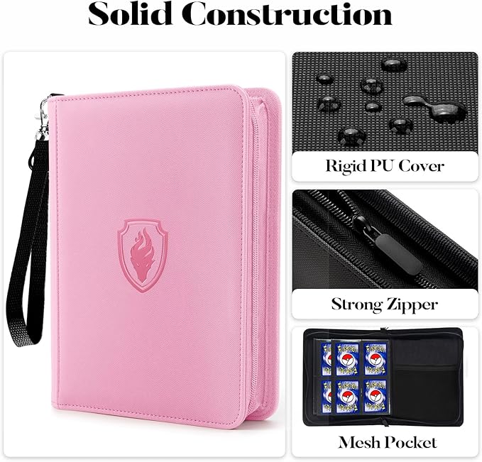 Premium 4 Pocket Zip Card Binder, Trading Card Binder for 320 Cards, Portable PU Card Collection Binder, Collector Card Album Folder for MTG, TCG, Sports Cards, Game Cards (Pink)