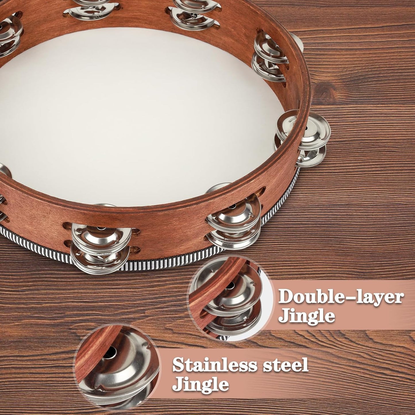 Wooden Hand Held Percussion Tambourine with Storage Bag -10 Inches, Ideal for Church, Wedding, Party, Dance, Photo Shoot