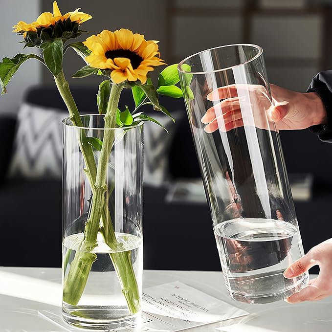 2 Acrylic Cylinder Clear Vase for Centerpieces, Tall Large Unbreakable Plastic Flower Vases for Home Decor (D 4.8" X H 7.8" - H 12" + 2 Holder)