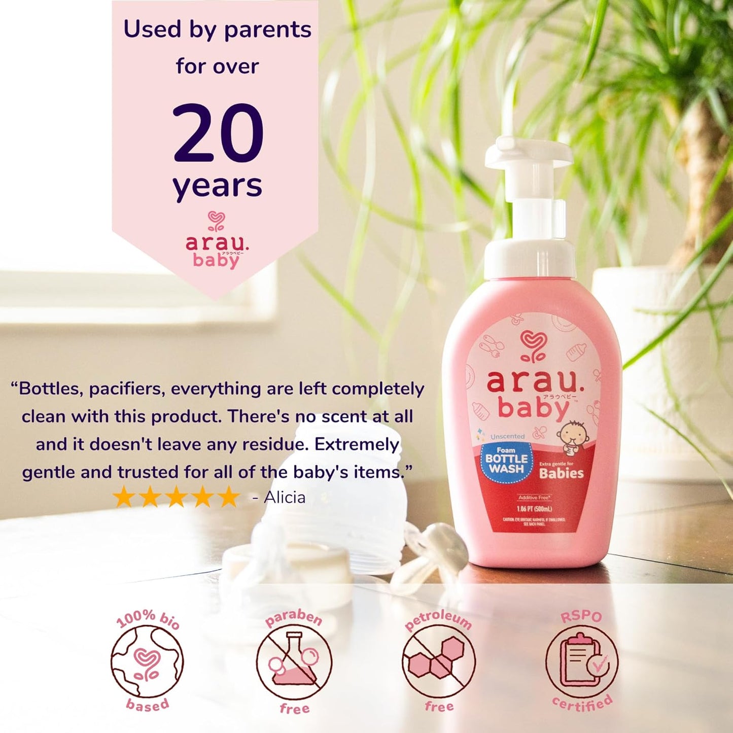 Unscented Foam Bottle Wash, Natural Plant Based Baby Bottle & Dish Soap, No Artificial Fragrance or Additives, Gentle for Washing Bottles, Pacifiers and Toys, Easy Rinse, 15.21 Fl Oz