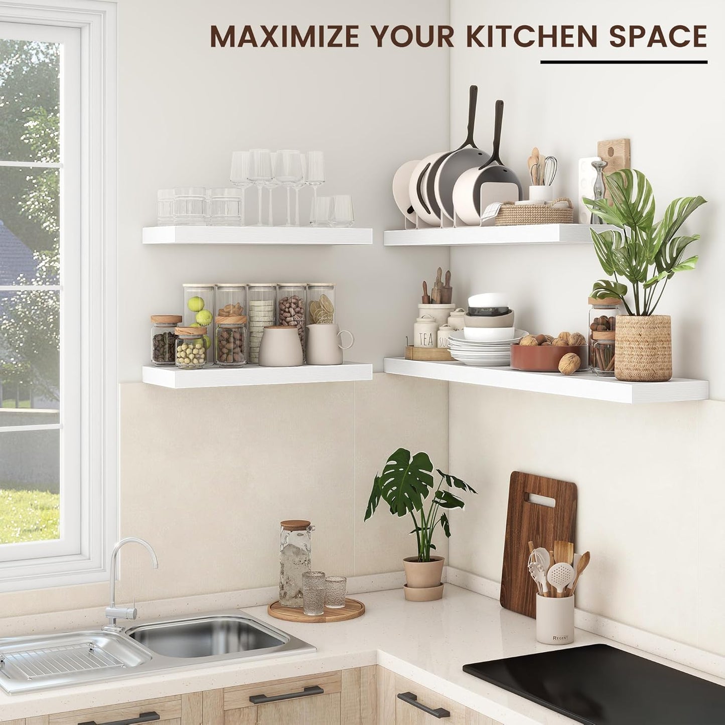 Floating Shelves for Wall, 2 Large Wall Mounted Shelves with Invisible Brackets, Long Wood Floating Wall Shelf Shelves for Living Room, Bedroom, Kitchen, (White, 48" W x 9" D x 1.5" H)