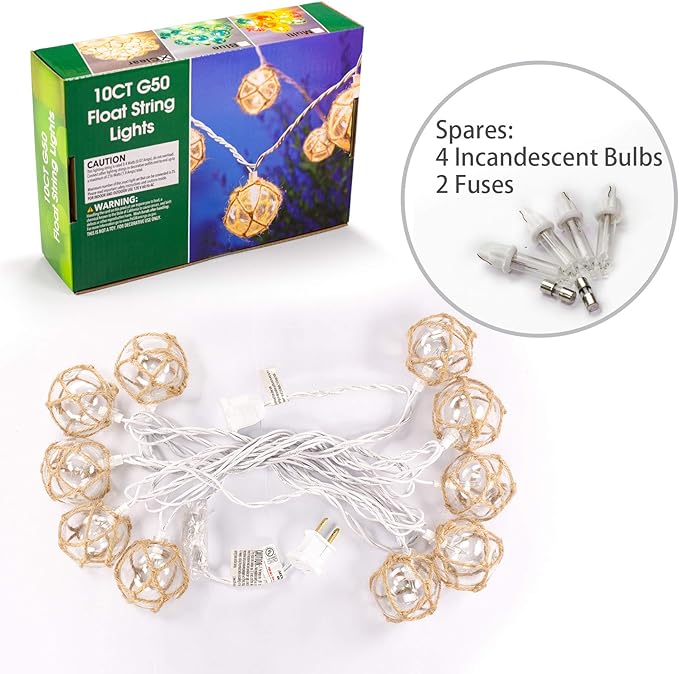 Nautical Fish Float String Lights Outdoor, Beach String Lights Set of 10 Clear G50 Ball Nautical Float Lights String for Room Wall Decor Outdoor Patio Decorations