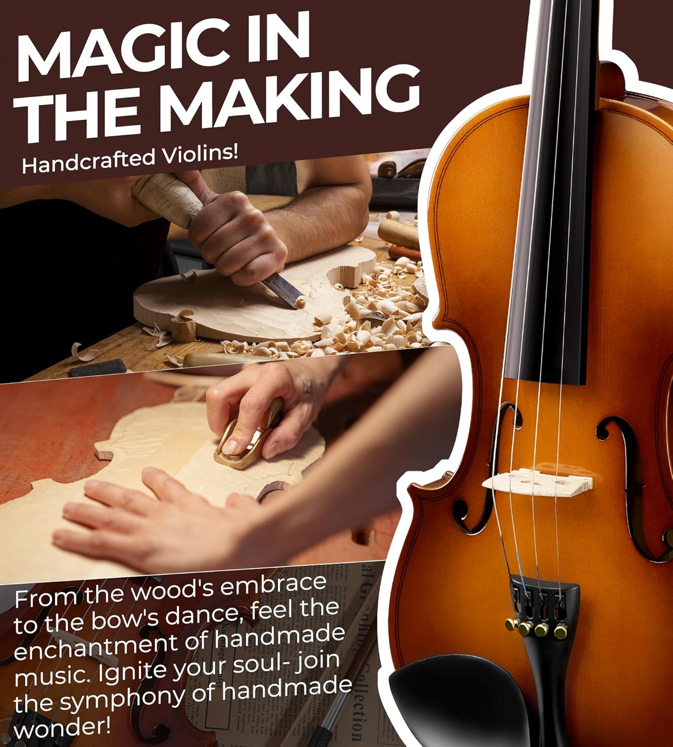 Vangoa Violin 1/2 Size Set Fiddle, Handcrafted Half Size Starter Acoustic Violins Kit with Solid Wood Side Board, Lightweight Hard Case for Beginners Learners, Children, Kids, Adults, Right Handed