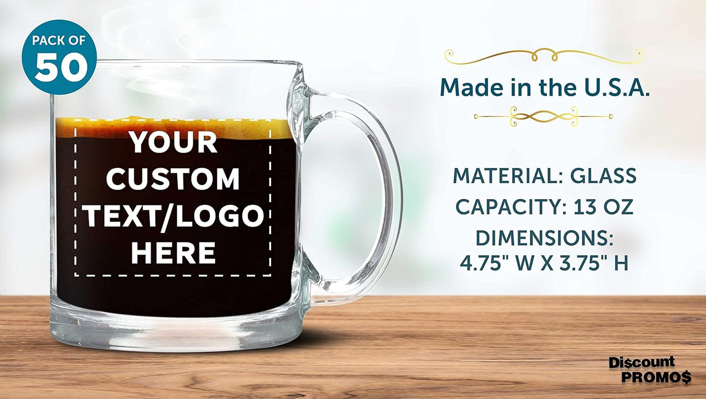 Custom Libbey Clear Glass Coffee Mugs 13 oz. Set of 50, Personalized Bulk Pack - Perfect for Coffee, Tea, Espresso, Hot Cocoa, Other Beverages - Clear Bottom