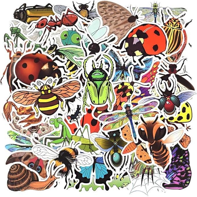 QTL Bug Stickers for Kids Insect Stickers for Water Bottle Bug Party Favors Gifts for Boys Girls Waterproof Vinyl Pack 50Pcs