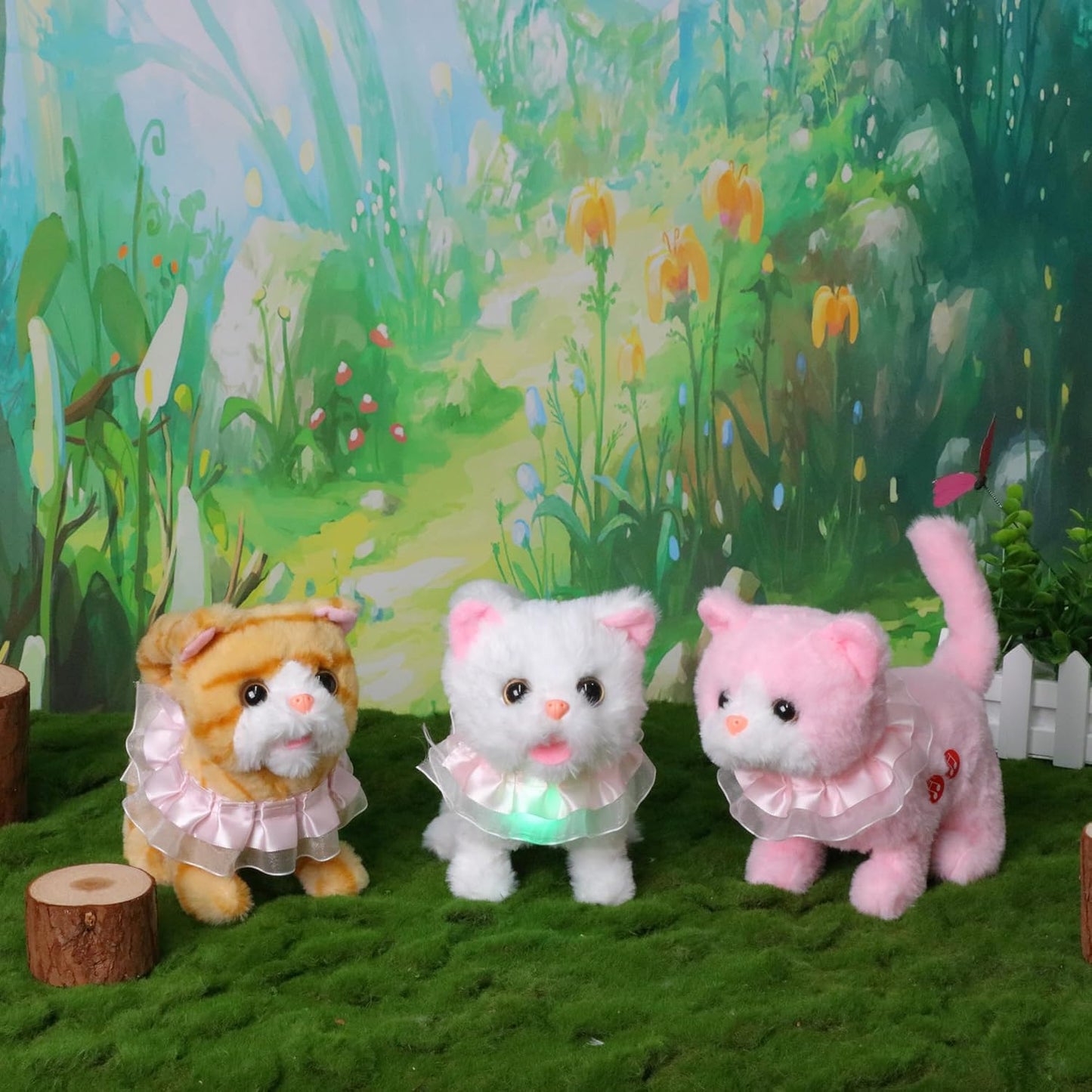 Easfan 7" Walking Plush Kitty Toy Stuffed Animal Electric Interactive with Dress Talking Musical Cute Plush Toy White Cat Tail Wagging Christmas Birthday Gifts for Kids Toddlers